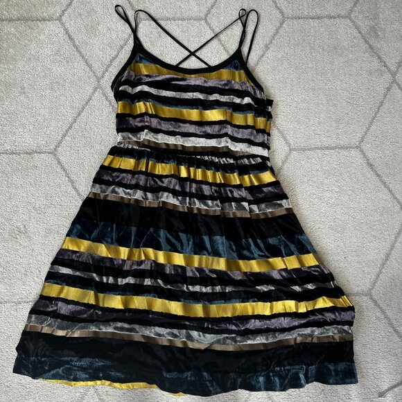 NWT Anthropologie Wolven Striped Velvet Gold/Blue/Purple Mini Strappy Dress S 14 - Picture 2 of 8